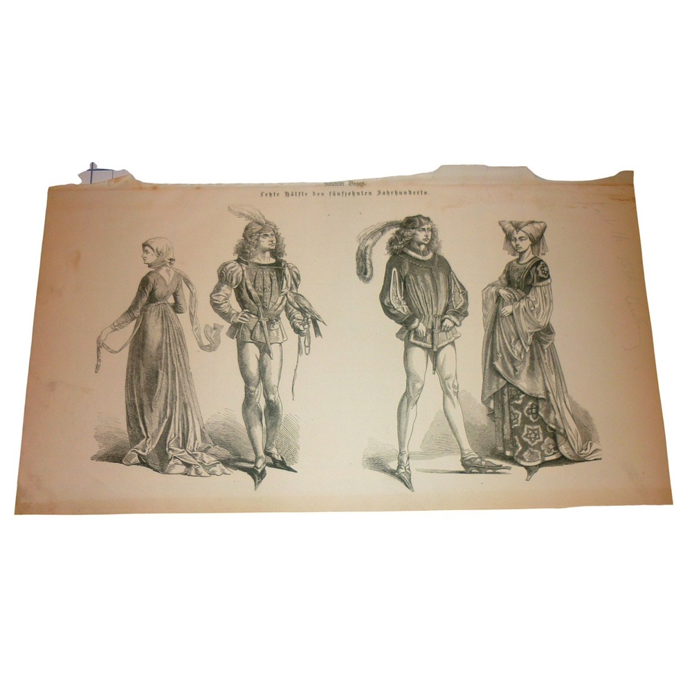 Antique German 15th Century Costume Plate Engraving Renaissance Fashion Art